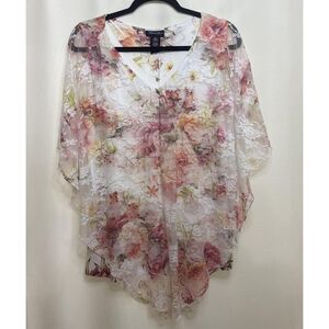 Women's White Pink Blouse dolman lace cape top stretch y2k medium poncho boho